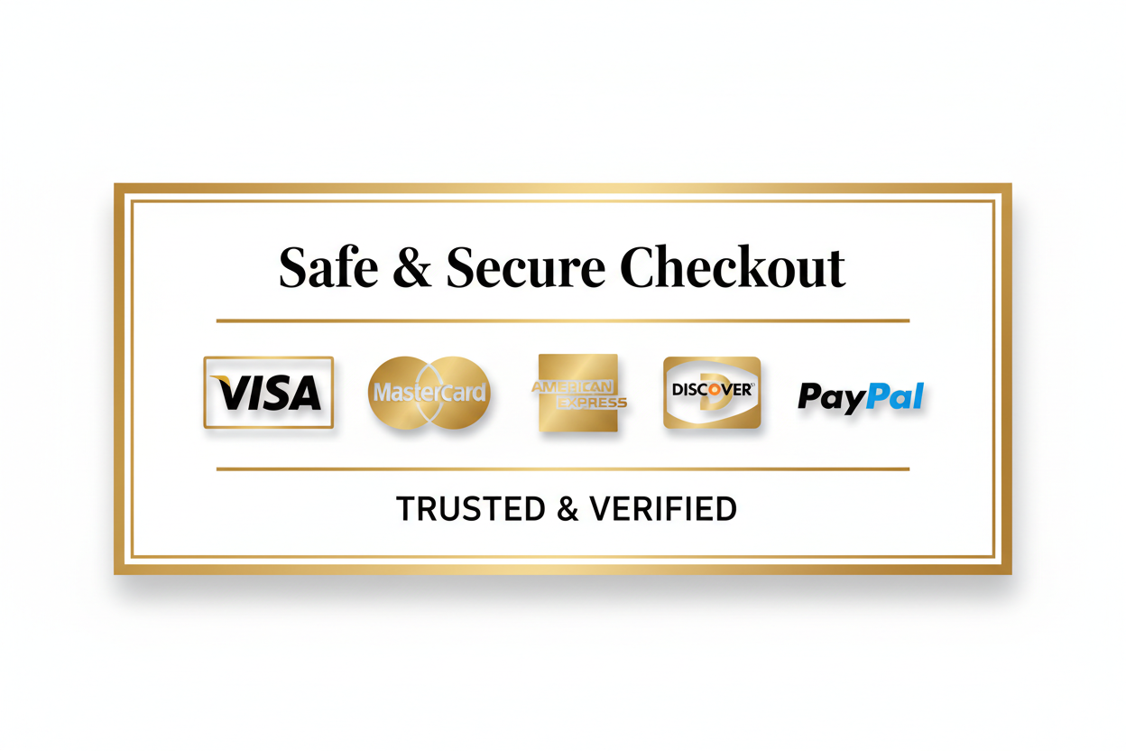 safe and secure checkout and then include visa, mastercard, amex, discover, and paypal icons for a luxury brand